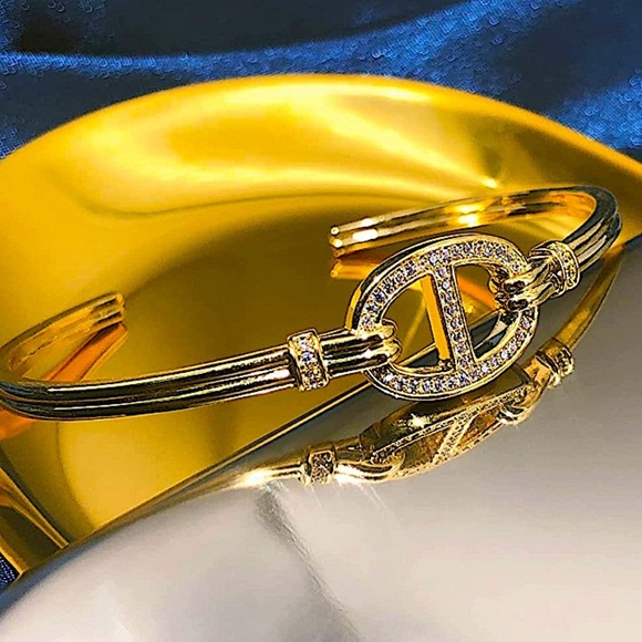Gold Plated Mariner Coffee Bean Zircon Bangle Cuff Bracelet - Picture 1 of 7